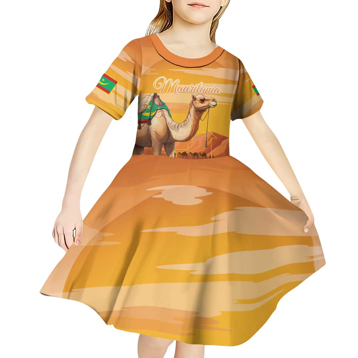 Personalized Mauritania Sahara Kid Short Sleeve Dress Camel With Map - Wonder Print Shop