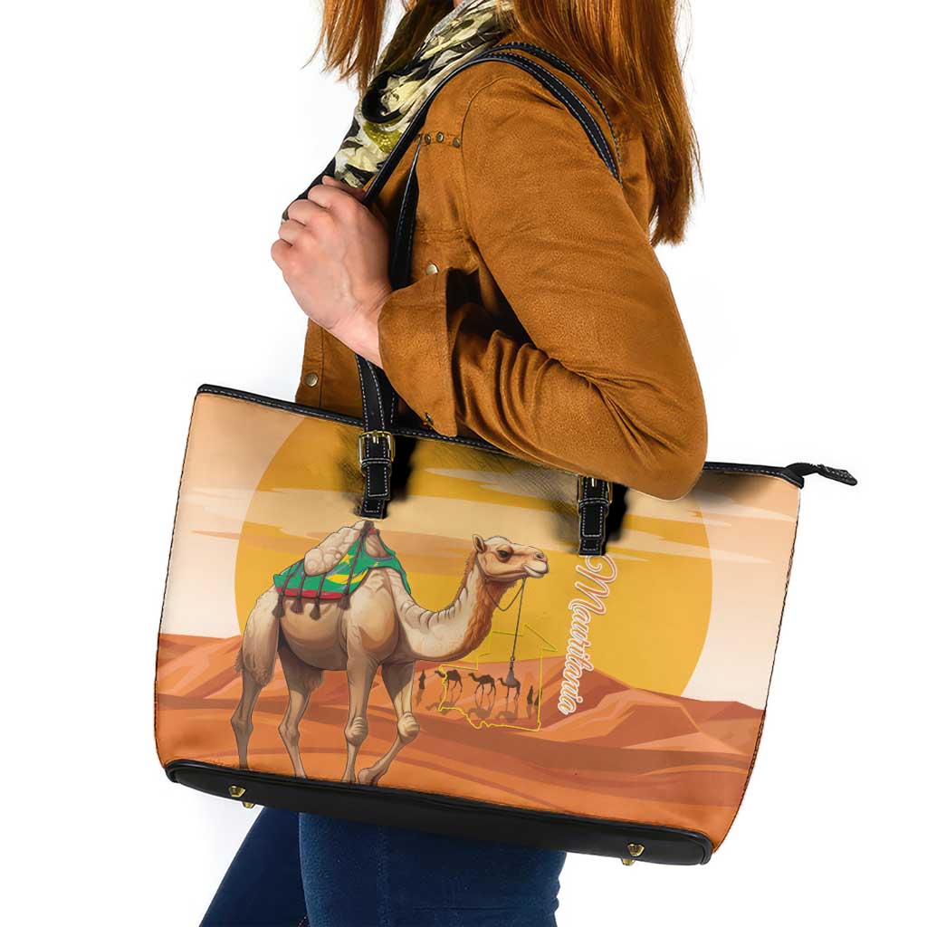 Mauritania Sahara Leather Tote Bag Camel With Map - Wonder Print Shop