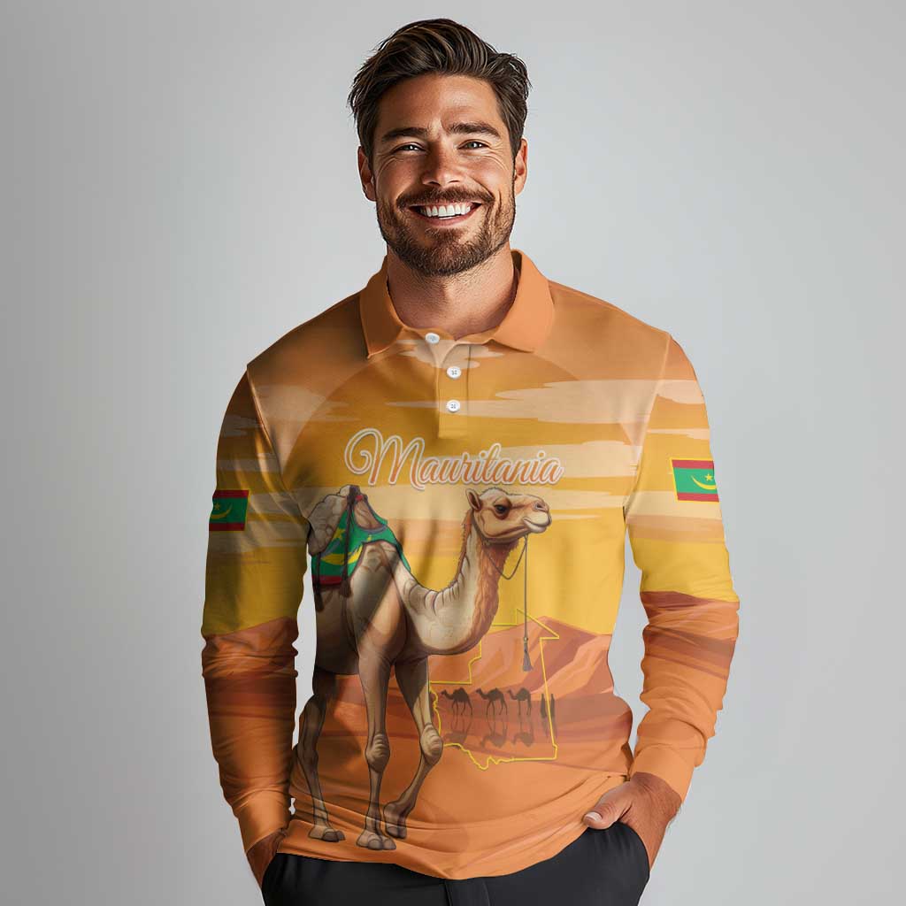 Personalized Mauritania Sahara Long Sleeve Polo Shirt Camel With Map - Wonder Print Shop
