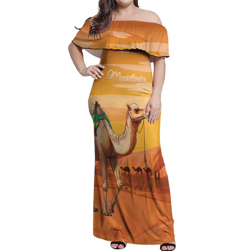 Personalized Mauritania Sahara Off Shoulder Maxi Dress Camel With Map - Wonder Print Shop