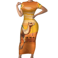 Personalized Mauritania Sahara Short Sleeve Bodycon Dress Camel With Map - Wonder Print Shop