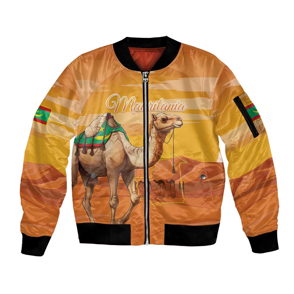 Personalized Mauritania Sahara Sleeve Zip Bomber Jacket Camel With Map - Wonder Print Shop