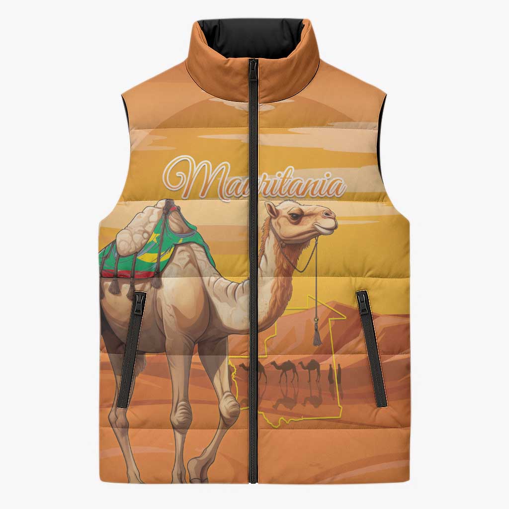 Personalized Mauritania Sahara Sleeveless Puffer Jacket Camel With Map - Wonder Print Shop