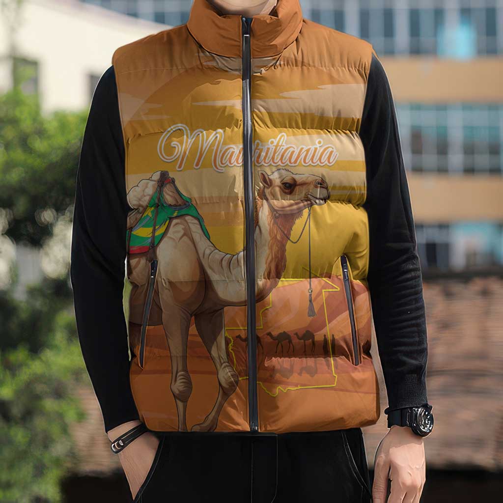 Personalized Mauritania Sahara Sleeveless Puffer Jacket Camel With Map - Wonder Print Shop