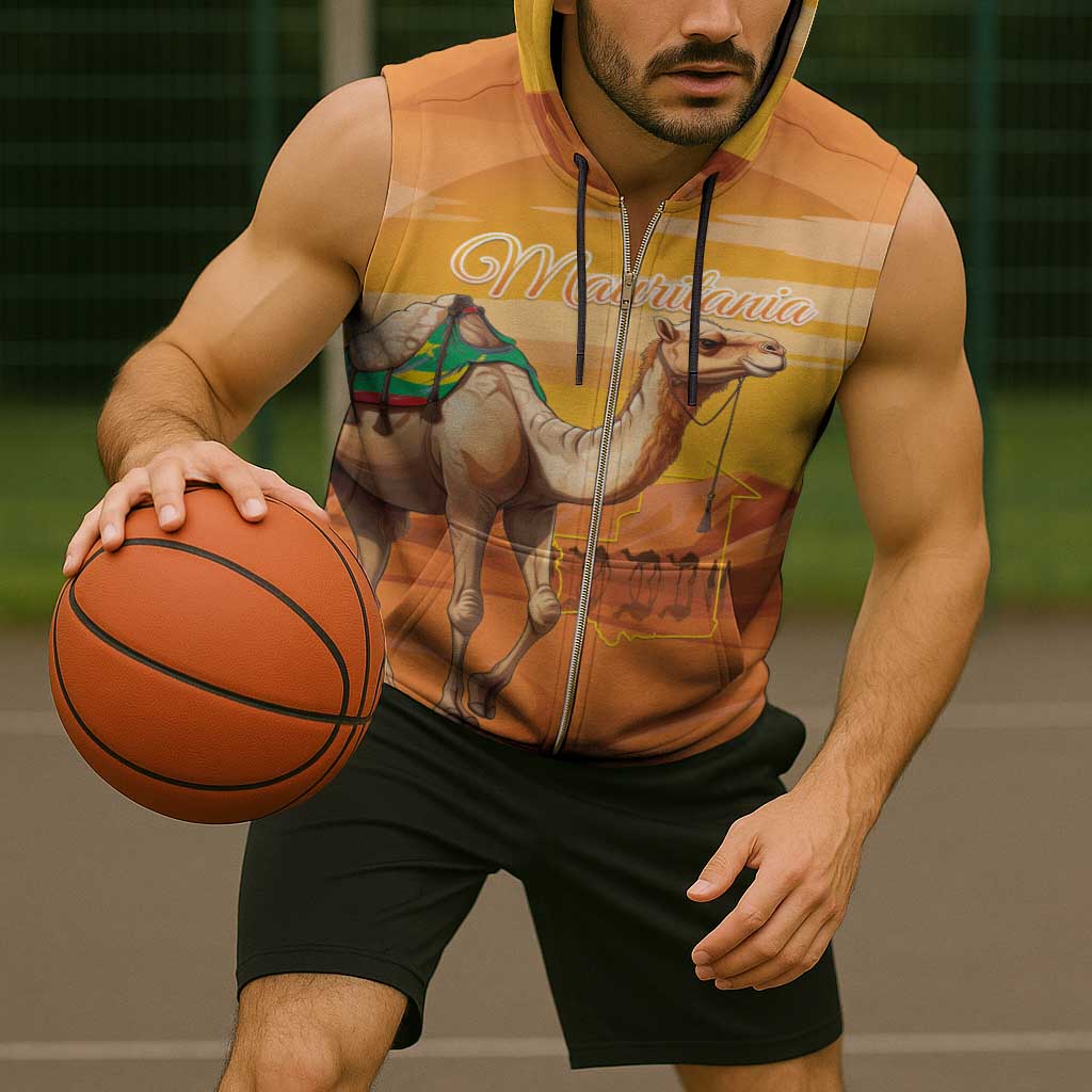 Personalized Mauritania Sahara Sleeveless Zip Hoodie Camel With Map - Wonder Print Shop