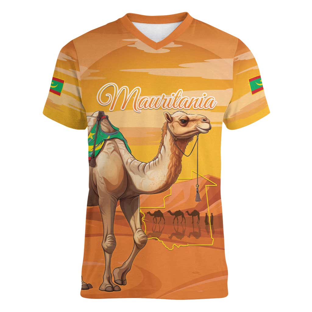 Personalized Mauritania Sahara Women V-Neck T-Shirt Camel With Map - Wonder Print Shop