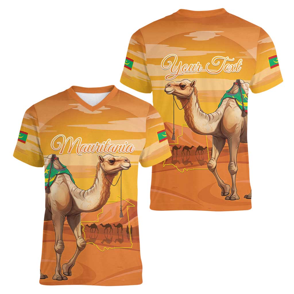 Personalized Mauritania Sahara Women V-Neck T-Shirt Camel With Map - Wonder Print Shop