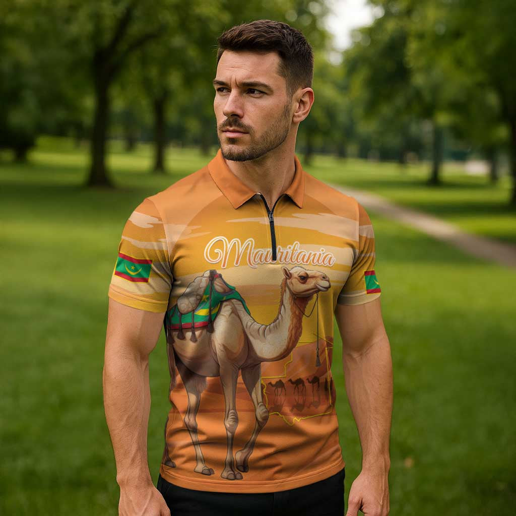 Personalized Mauritania Sahara Zipper Polo Shirt Camel With Map - Wonder Print Shop