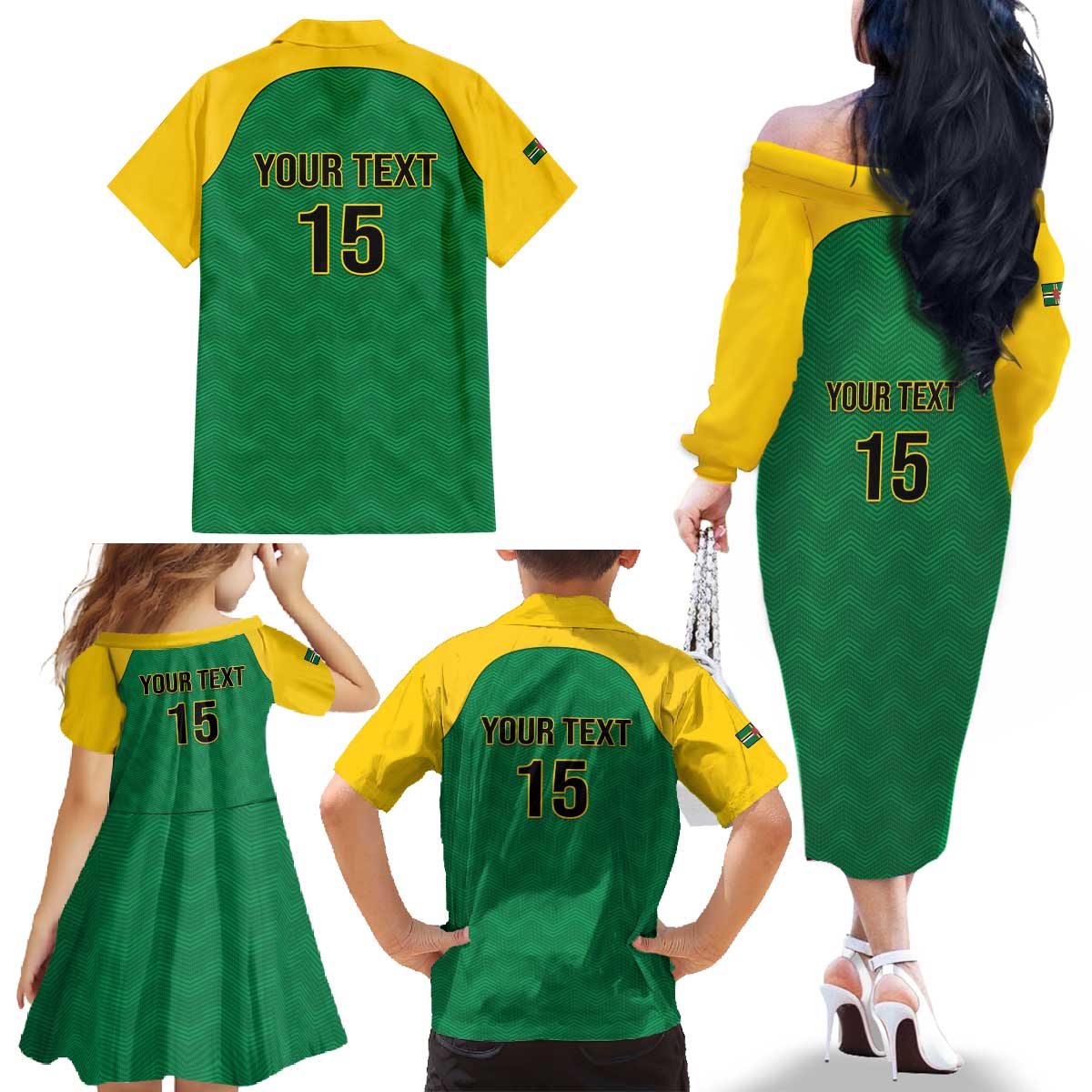 Custom Dominica Football Family Matching Off The Shoulder Long Sleeve Dress and Hawaiian Shirt Sisserou Parrot Green Color - Wonder Print Shop