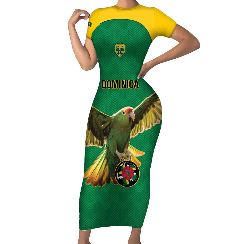 Custom Dominica Football Family Matching Short Sleeve Bodycon Dress and Hawaiian Shirt Sisserou Parrot Green Color - Wonder Print Shop