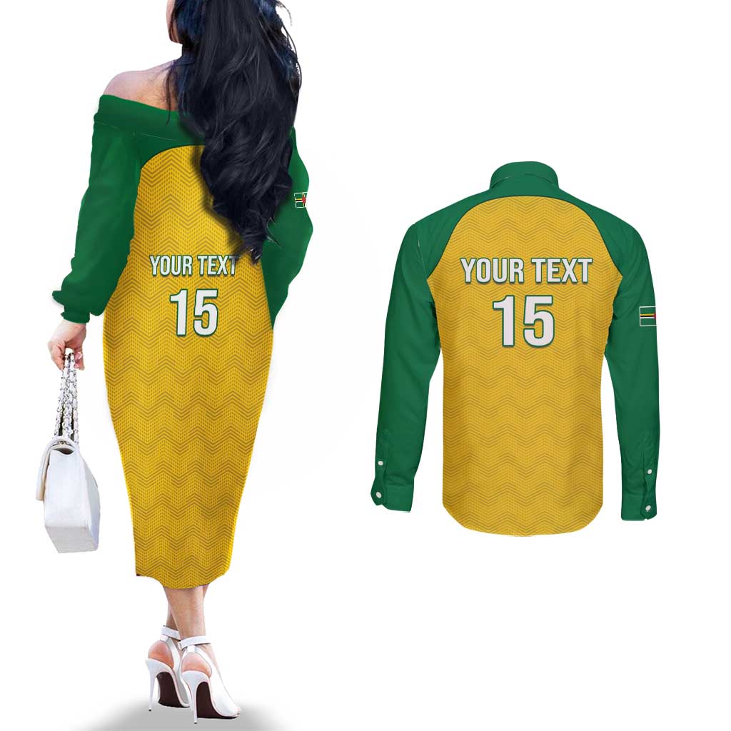 Custom Dominica Football Couples Matching Off The Shoulder Long Sleeve Dress and Long Sleeve Button Shirt Sisserou Parrot Yellow Color