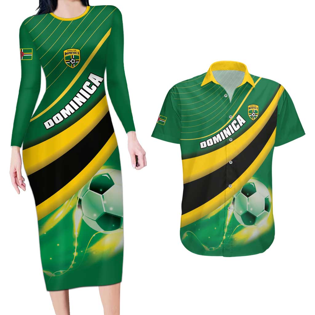 Personalised Dominica Football Couples Matching Long Sleeve Bodycon Dress and Hawaiian Shirt Sporty Style - Wonder Print Shop