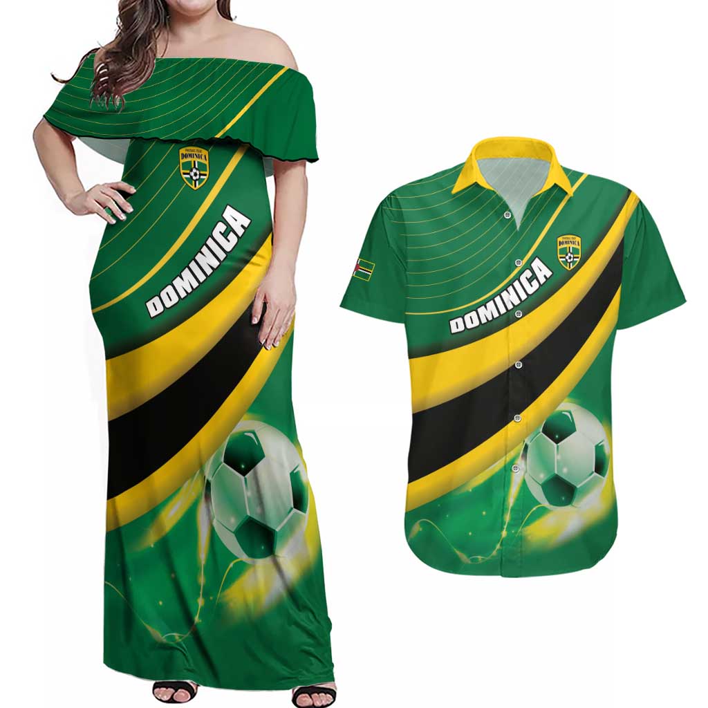 Personalised Dominica Football Couples Matching Off Shoulder Maxi Dress and Hawaiian Shirt Sporty Style - Wonder Print Shop