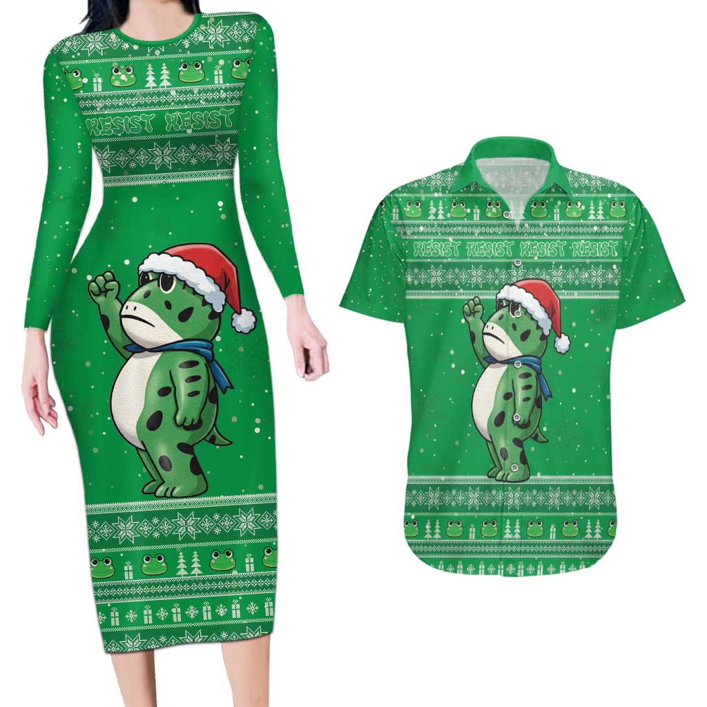 Funny Christmas Portland Frog Protest Couples Matching Long Sleeve Bodycon Dress and Hawaiian Shirt Merry Frog-mas - Wonder Print Shop