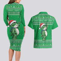 Funny Christmas Portland Frog Protest Couples Matching Long Sleeve Bodycon Dress and Hawaiian Shirt Merry Frog-mas - Wonder Print Shop
