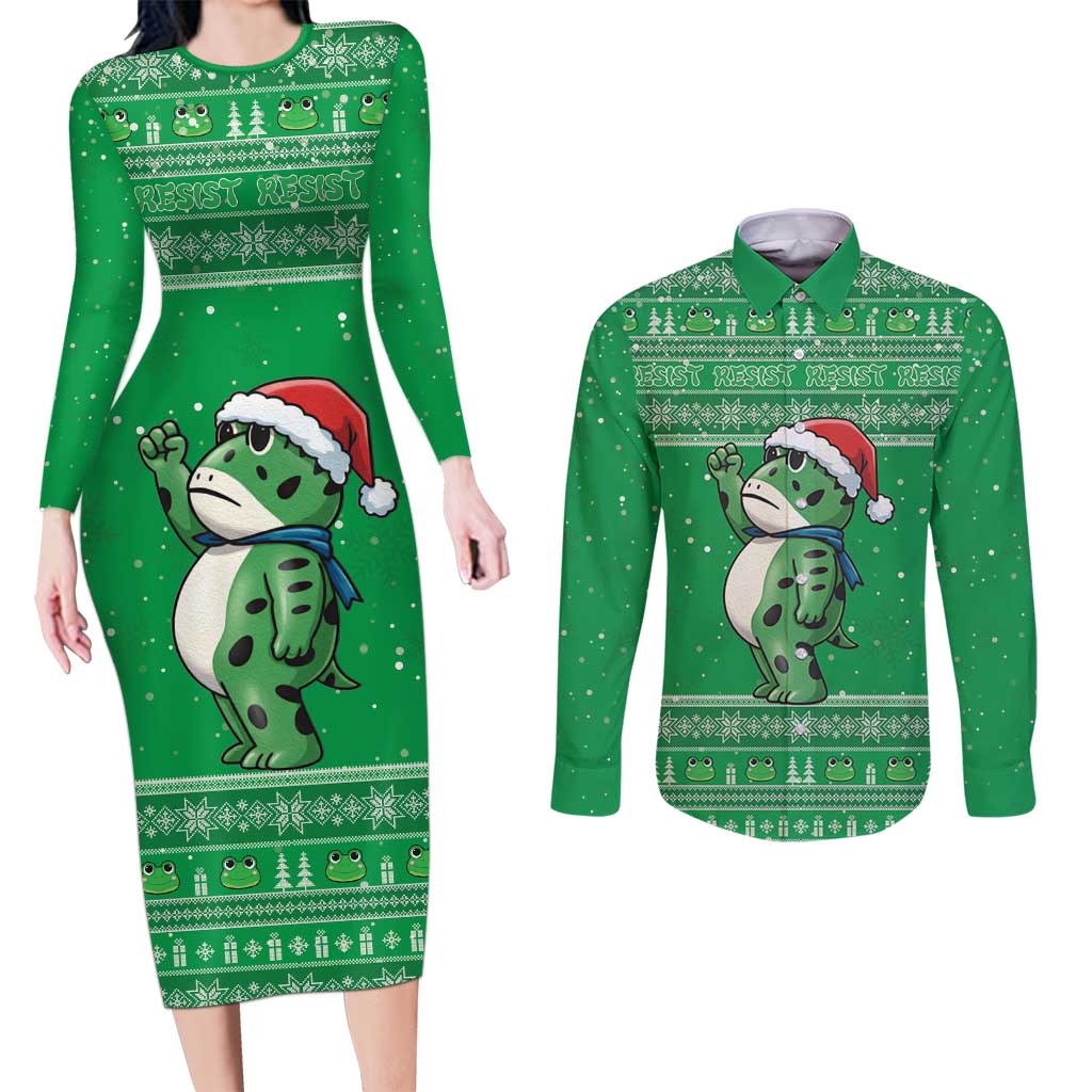 Funny Christmas Portland Frog Protest Couples Matching Long Sleeve Bodycon Dress and Long Sleeve Button Shirt Merry Frog-mas - Wonder Print Shop