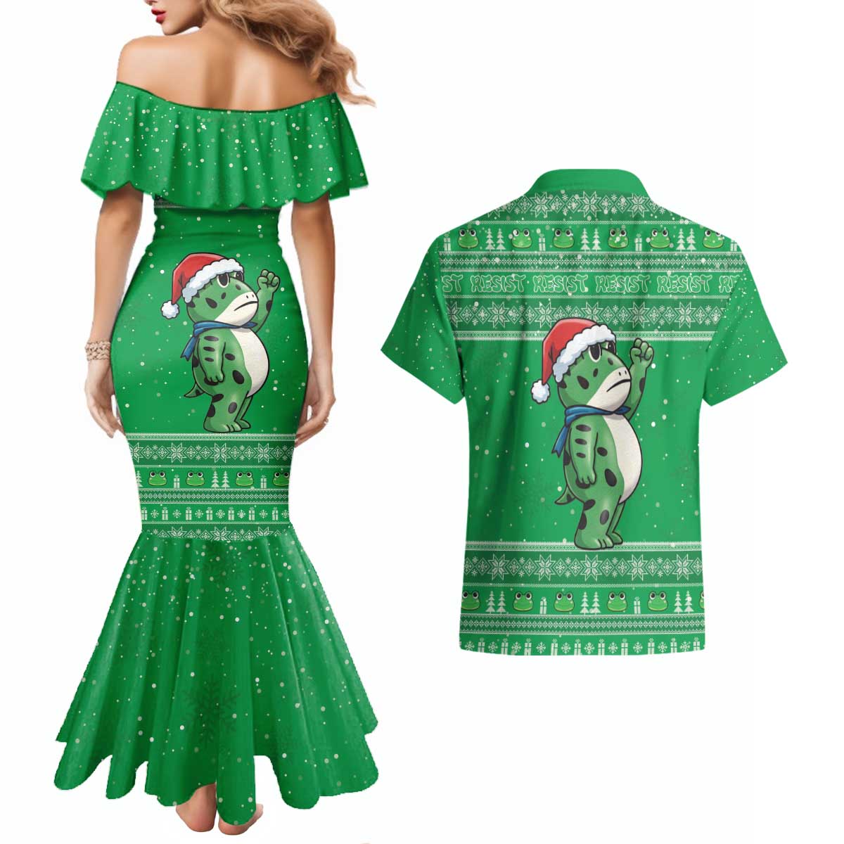 Funny Christmas Portland Frog Protest Couples Matching Mermaid Dress and Hawaiian Shirt Merry Frog-mas - Wonder Print Shop