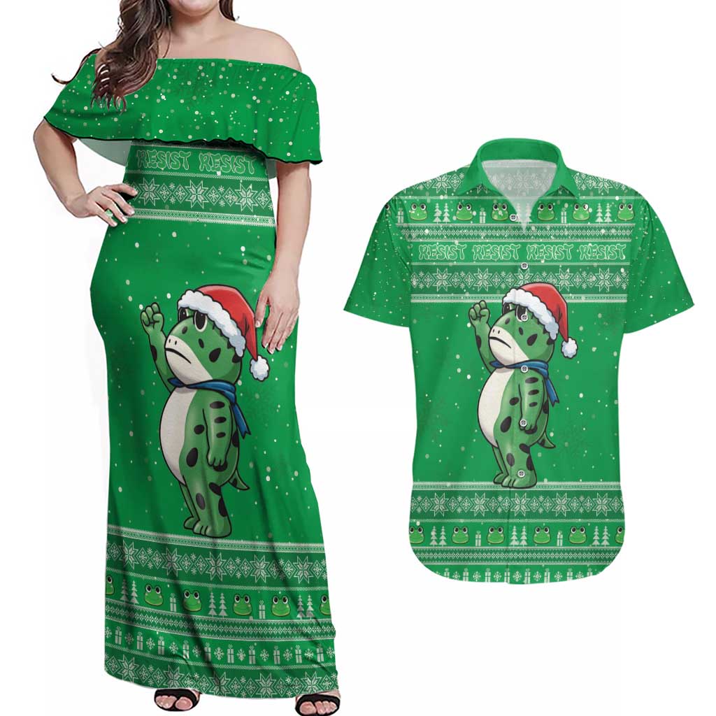 Funny Christmas Portland Frog Protest Couples Matching Off Shoulder Maxi Dress and Hawaiian Shirt Merry Frog-mas - Wonder Print Shop