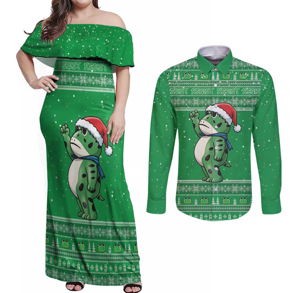 Funny Christmas Portland Frog Protest Couples Matching Off Shoulder Maxi Dress and Long Sleeve Button Shirt Merry Frog-mas - Wonder Print Shop