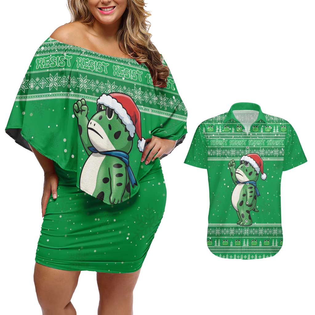 Funny Christmas Portland Frog Protest Couples Matching Off Shoulder Short Dress and Hawaiian Shirt Merry Frog-mas - Wonder Print Shop