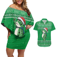 Funny Christmas Portland Frog Protest Couples Matching Off Shoulder Short Dress and Hawaiian Shirt Merry Frog-mas - Wonder Print Shop