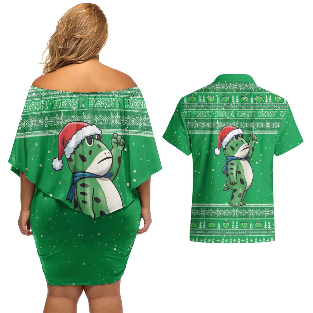 Funny Christmas Portland Frog Protest Couples Matching Off Shoulder Short Dress and Hawaiian Shirt Merry Frog-mas - Wonder Print Shop