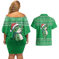 Funny Christmas Portland Frog Protest Couples Matching Off Shoulder Short Dress and Hawaiian Shirt Merry Frog-mas - Wonder Print Shop