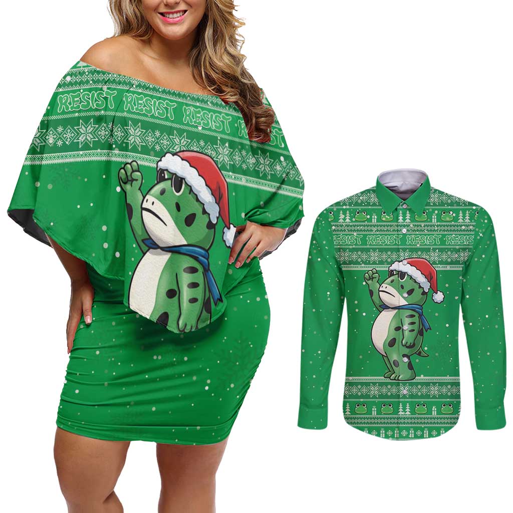 Funny Christmas Portland Frog Protest Couples Matching Off Shoulder Short Dress and Long Sleeve Button Shirt Merry Frog-mas - Wonder Print Shop