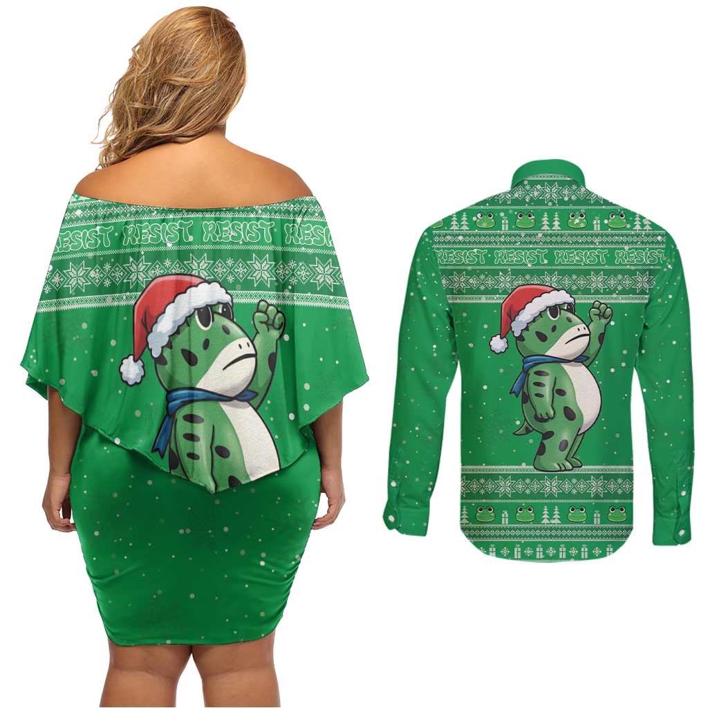 Funny Christmas Portland Frog Protest Couples Matching Off Shoulder Short Dress and Long Sleeve Button Shirt Merry Frog-mas - Wonder Print Shop