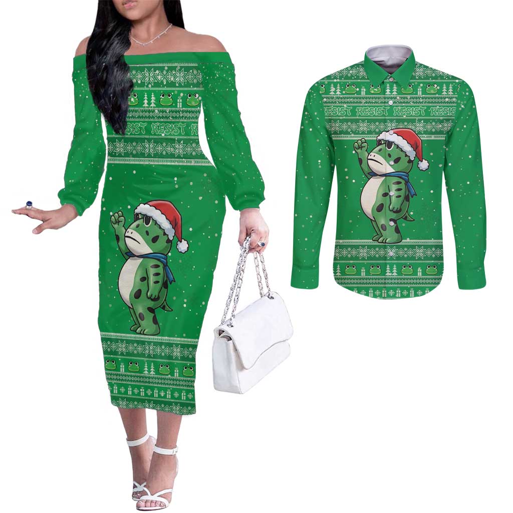 Funny Christmas Portland Frog Protest Couples Matching Off The Shoulder Long Sleeve Dress and Long Sleeve Button Shirt Merry Frog-mas - Wonder Print Shop