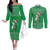 Funny Christmas Portland Frog Protest Couples Matching Off The Shoulder Long Sleeve Dress and Long Sleeve Button Shirt Merry Frog-mas - Wonder Print Shop