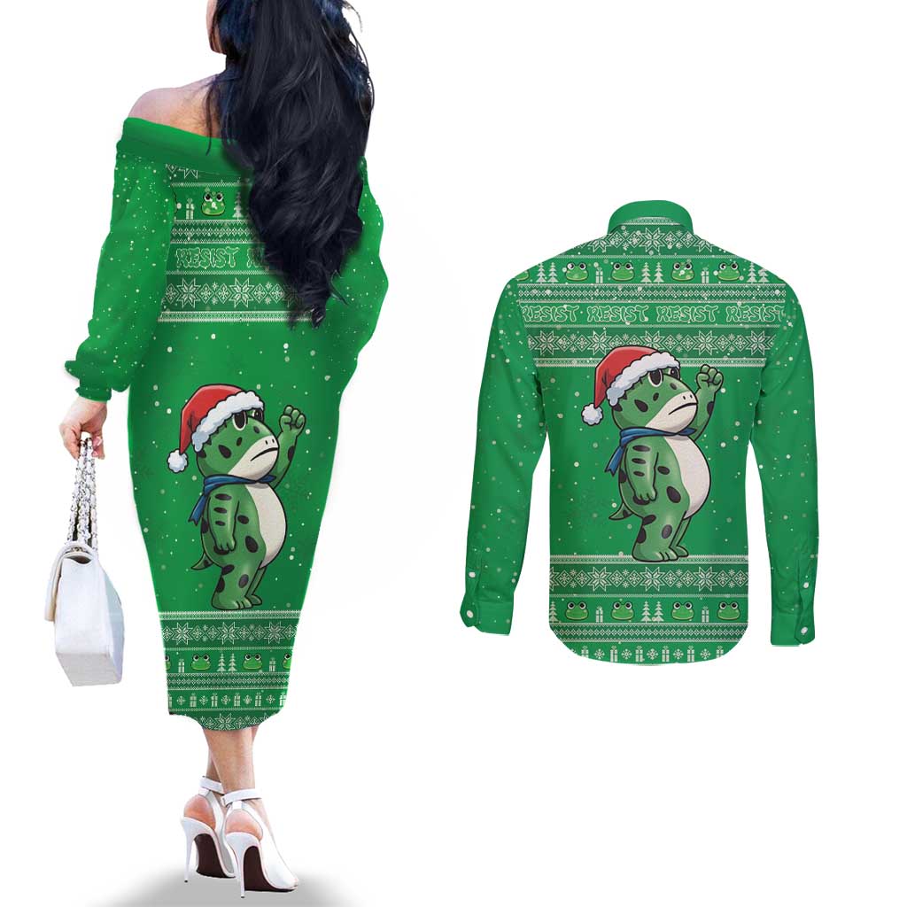 Funny Christmas Portland Frog Protest Couples Matching Off The Shoulder Long Sleeve Dress and Long Sleeve Button Shirt Merry Frog-mas - Wonder Print Shop