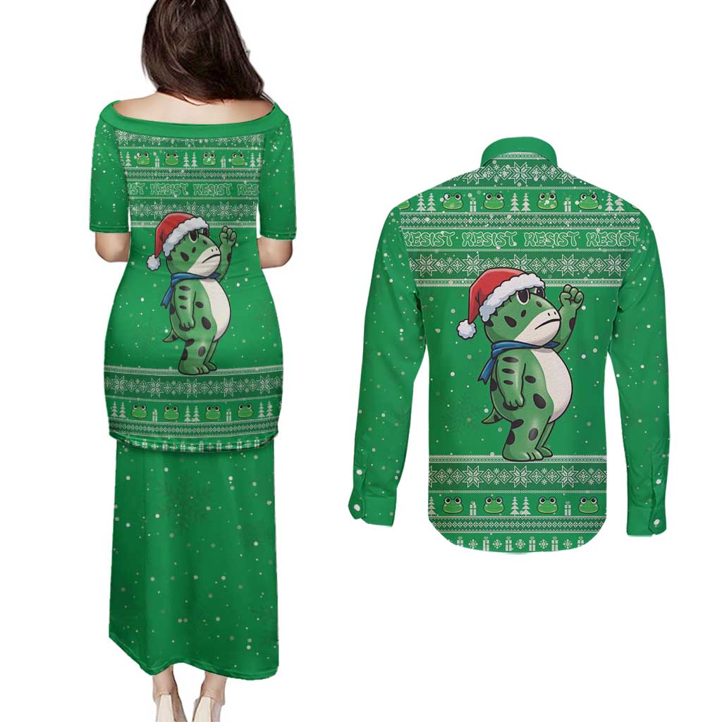 Funny Christmas Portland Frog Protest Couples Matching Puletasi and Long Sleeve Button Shirt Merry Frog-mas - Wonder Print Shop