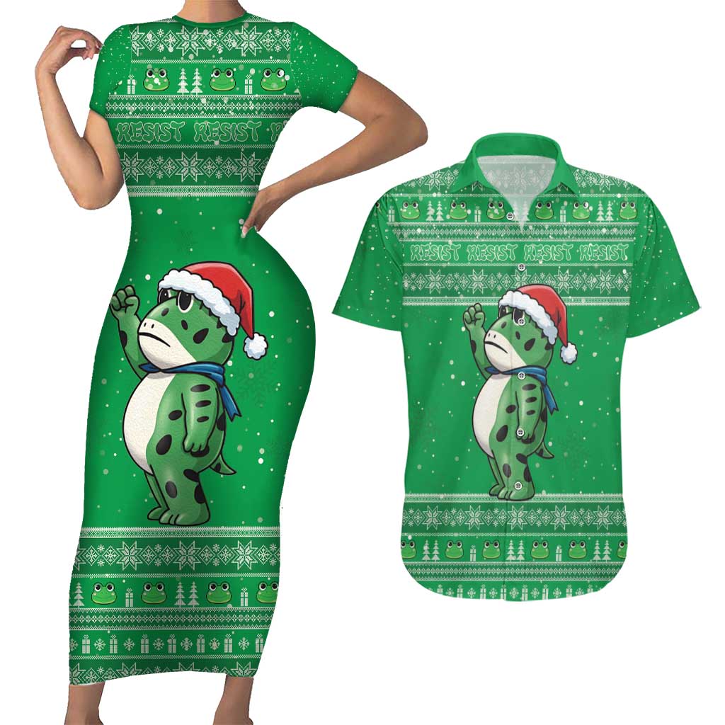 Funny Christmas Portland Frog Protest Couples Matching Short Sleeve Bodycon Dress and Hawaiian Shirt Merry Frog-mas - Wonder Print Shop