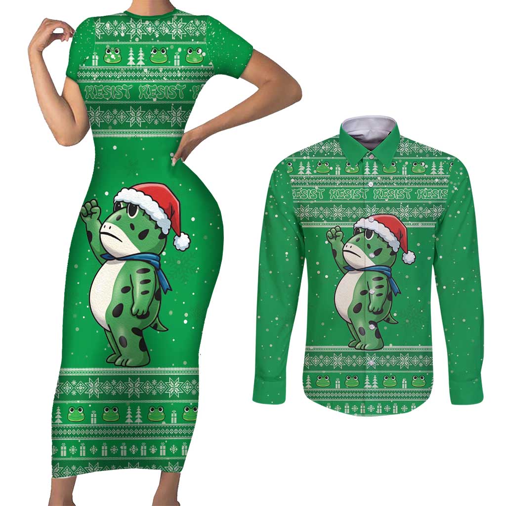 Funny Christmas Portland Frog Protest Couples Matching Short Sleeve Bodycon Dress and Long Sleeve Button Shirt Merry Frog-mas - Wonder Print Shop
