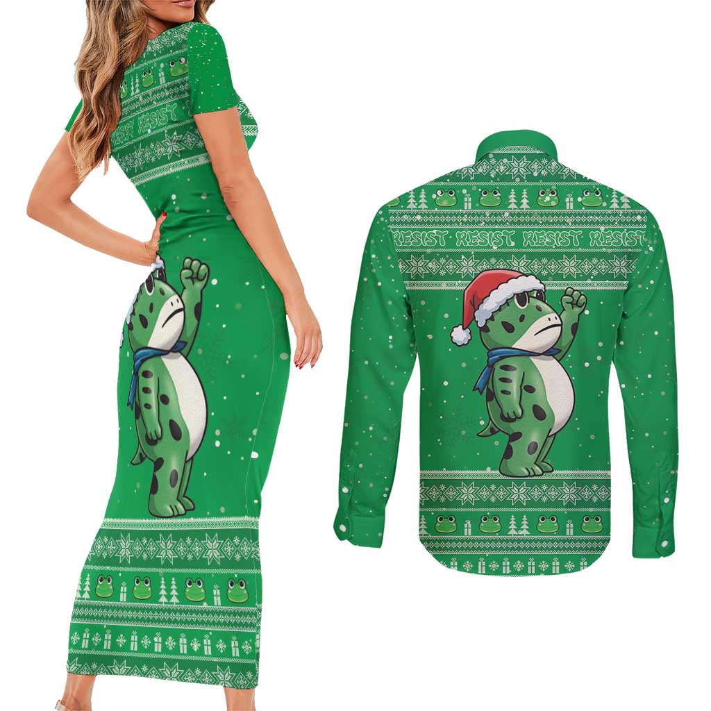 Funny Christmas Portland Frog Protest Couples Matching Short Sleeve Bodycon Dress and Long Sleeve Button Shirt Merry Frog-mas - Wonder Print Shop