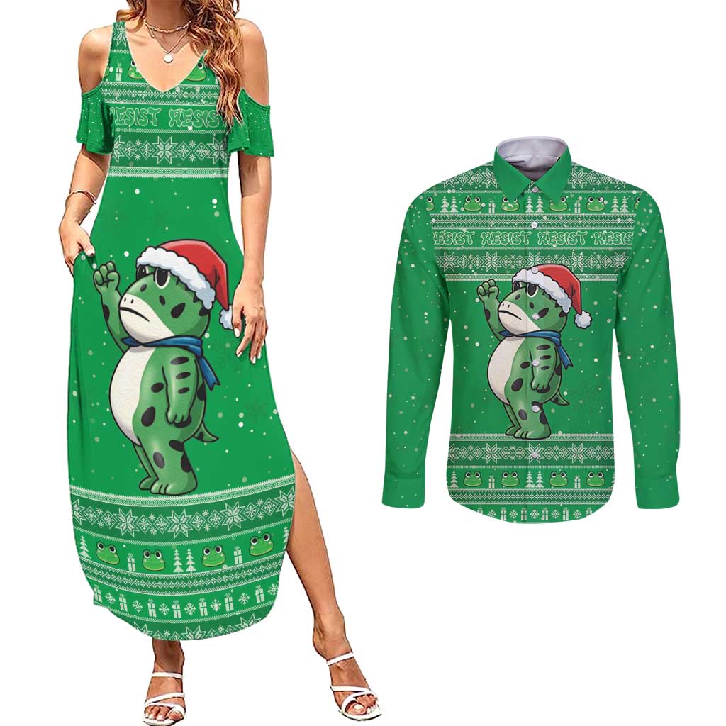 Funny Christmas Portland Frog Protest Couples Matching Summer Maxi Dress and Long Sleeve Button Shirt Merry Frog-mas - Wonder Print Shop
