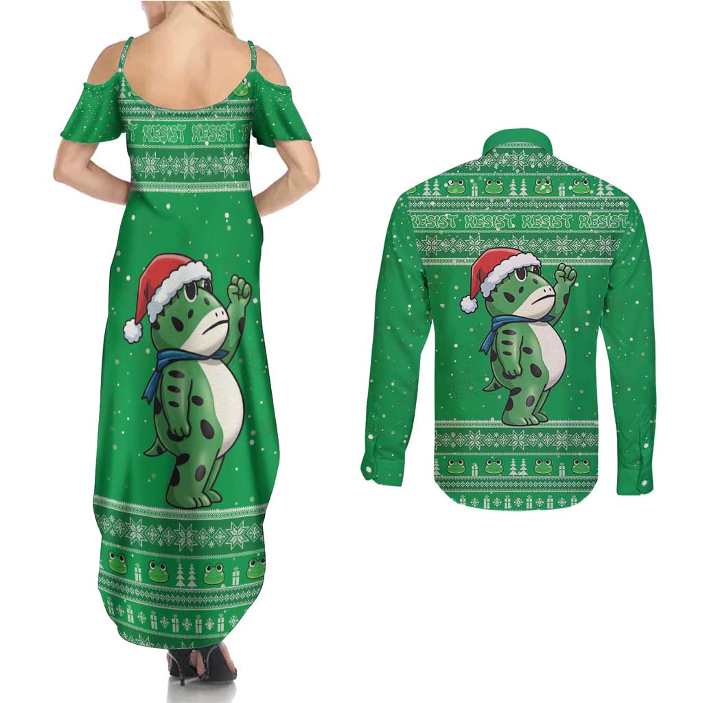 Funny Christmas Portland Frog Protest Couples Matching Summer Maxi Dress and Long Sleeve Button Shirt Merry Frog-mas - Wonder Print Shop