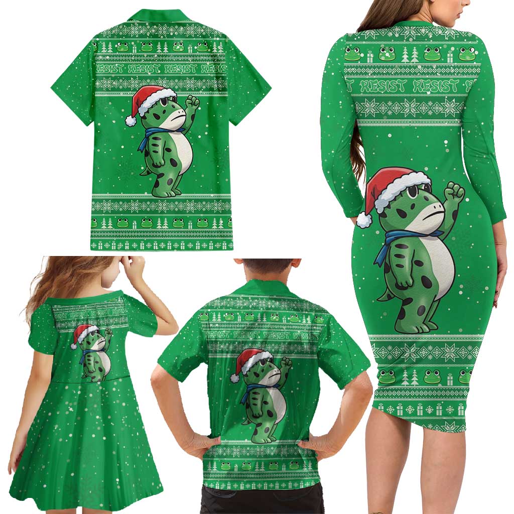 Funny Christmas Portland Frog Protest Family Matching Long Sleeve Bodycon Dress and Hawaiian Shirt Merry Frog-mas - Wonder Print Shop