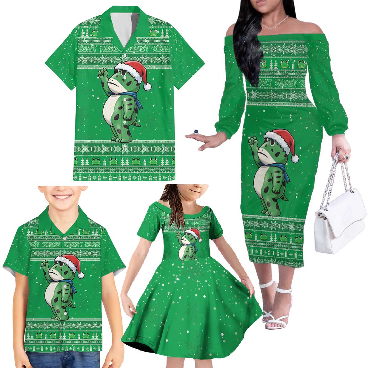 Funny Christmas Portland Frog Protest Family Matching Off The Shoulder Long Sleeve Dress and Hawaiian Shirt Merry Frog-mas - Wonder Print Shop