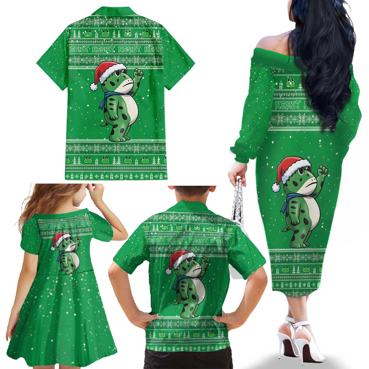 Funny Christmas Portland Frog Protest Family Matching Off The Shoulder Long Sleeve Dress and Hawaiian Shirt Merry Frog-mas - Wonder Print Shop