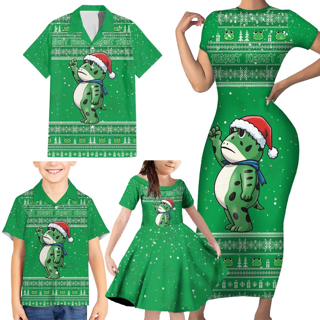 Funny Christmas Portland Frog Protest Family Matching Short Sleeve Bodycon Dress and Hawaiian Shirt Merry Frog-mas - Wonder Print Shop