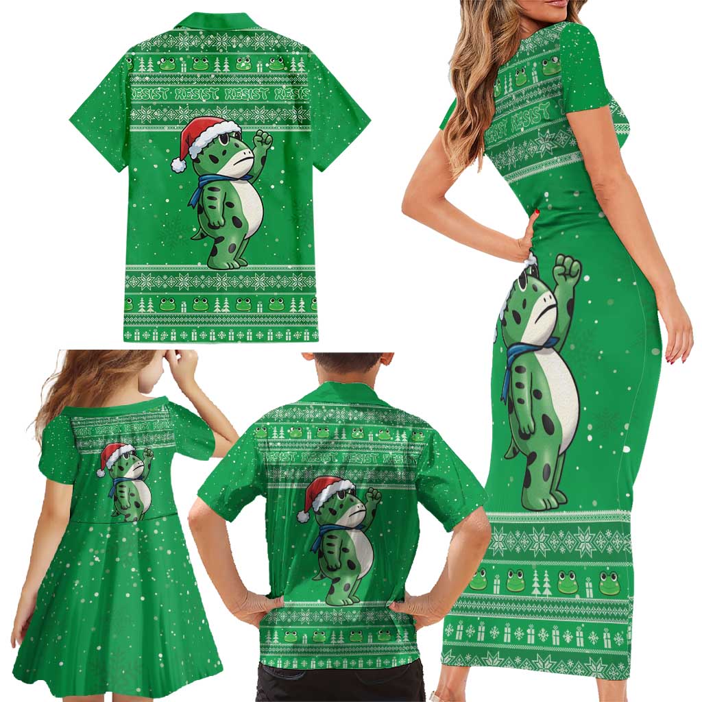 Funny Christmas Portland Frog Protest Family Matching Short Sleeve Bodycon Dress and Hawaiian Shirt Merry Frog-mas - Wonder Print Shop