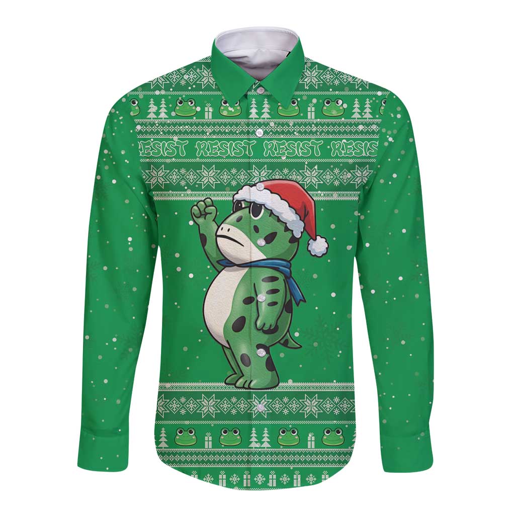 Funny Christmas Portland Frog Protest Long Sleeve Button Shirt Merry Frog-mas - Wonder Print Shop
