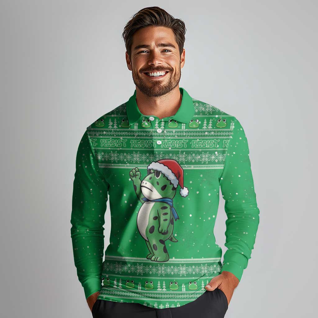Funny Christmas Portland Frog Protest Long Sleeve Polo Shirt Merry Frog-mas - Wonder Print Shop