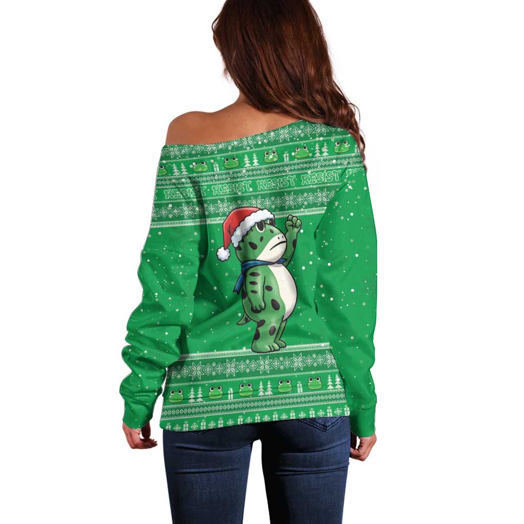 Funny Christmas Portland Frog Protest Off Shoulder Sweater Merry Frog-mas - Wonder Print Shop