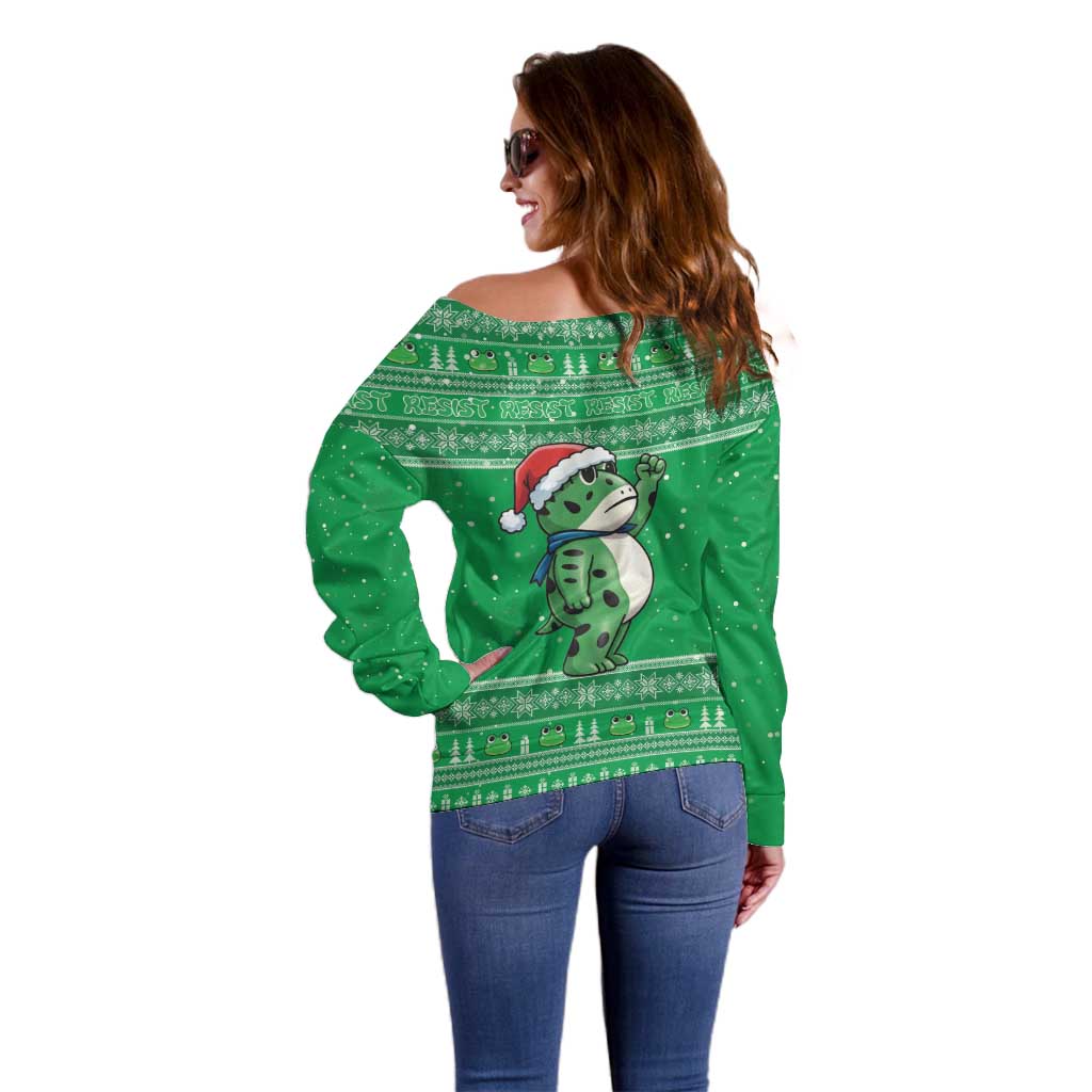 Funny Christmas Portland Frog Protest Off Shoulder Sweater Merry Frog-mas - Wonder Print Shop
