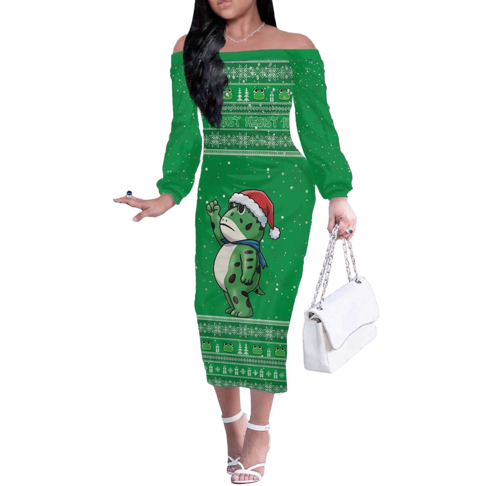 Funny Christmas Portland Frog Protest Off The Shoulder Long Sleeve Dress Merry Frog-mas - Wonder Print Shop