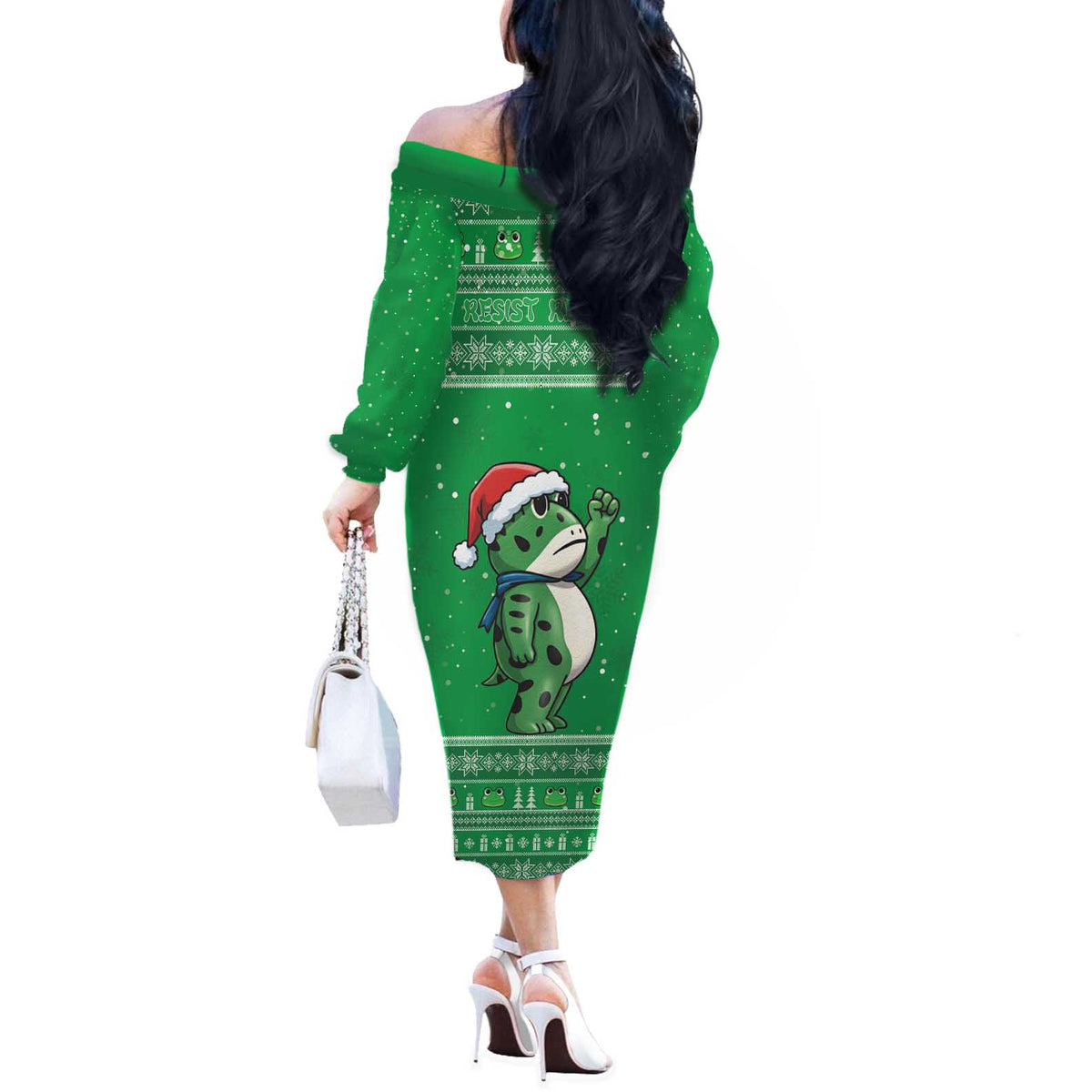 Funny Christmas Portland Frog Protest Off The Shoulder Long Sleeve Dress Merry Frog-mas - Wonder Print Shop