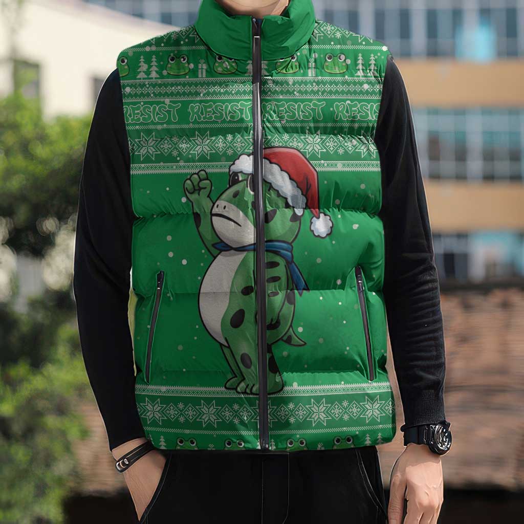 Funny Christmas Portland Frog Protest Sleeveless Puffer Jacket Merry Frog-mas - Wonder Print Shop